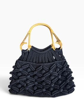 Anju Jolene Black Cotton Macramé Bag Cane Handles Boho Artisan Handbag